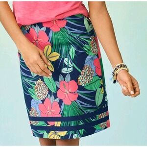 Talbots Women 14 Navy Blue Tropical Hibiscus Floral Cotton Stretch Pencil Skirt‎